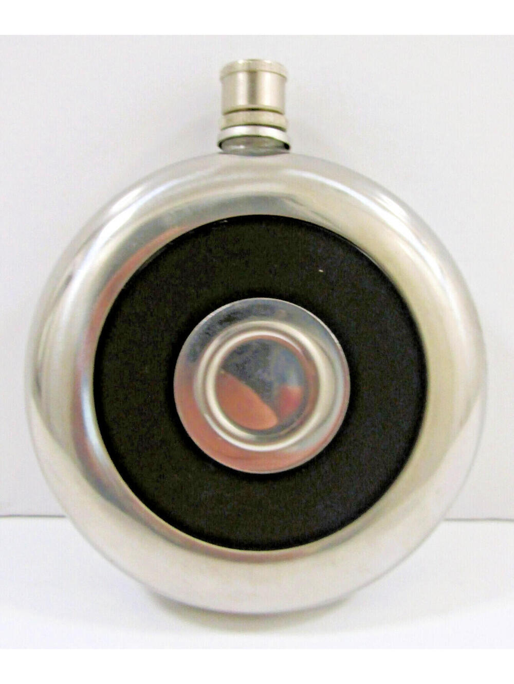 Vintage Stainless Steel Silver and Black Round Hip Flask With Clip